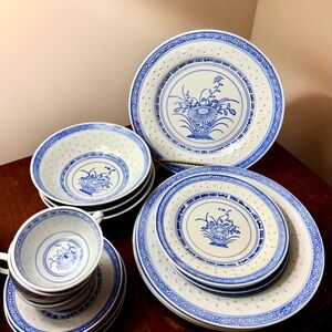 Vintage 17 Piece Chinese Rice Grain Porcelain Dinnerware Set